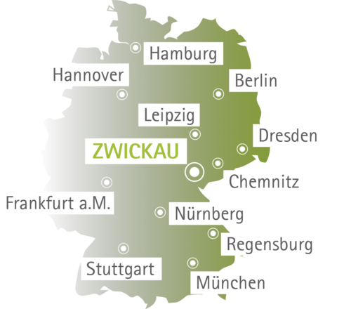 Deutschlandkarte mit markierter Lage der Stadt Zwickau in Sachsen